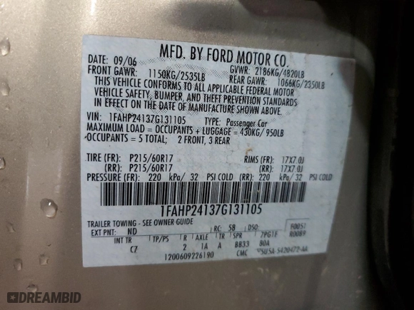 2007 Ford Five Hundred SEL with VIN 1FAHP24137G131105, listed as a Copart auction lot 69402004 with 208,944 mi miles and Salvage Title. Bid and sale history available at carsss.com. Image 12.