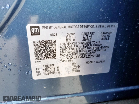 2025 Chevrolet Equinox FWD RS with VIN 3GNAXLEG9SL275130, listed as a Copart auction lot 57828795 with 2,277 mi miles and Salvage title. Bid and sale history available at DreamBid. Image 13.