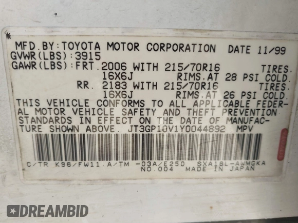 2000 Toyota RAV4 с VIN JT3GP10V1Y0044892, выставлен на аукционе IAAI как лот 41148809 с пробегом 220 848 миль миль и . История ставок и продаж доступна на DreamBid. Изображение 9.