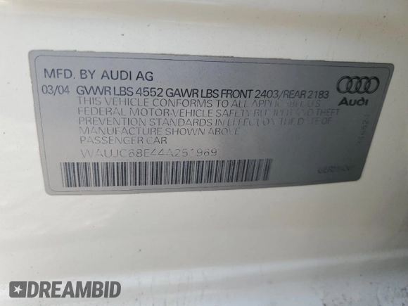 2004 Audi A4 1.8T z VIN WAUJC68E44A251969, wystawiony jako Copart lot #83462074 z przebiegiem 75 854 mil mil oraz Szkoda całkowita • Salvage title. Historia ofert i sprzedaży dostępna na DreamBid. Obrazek 12.