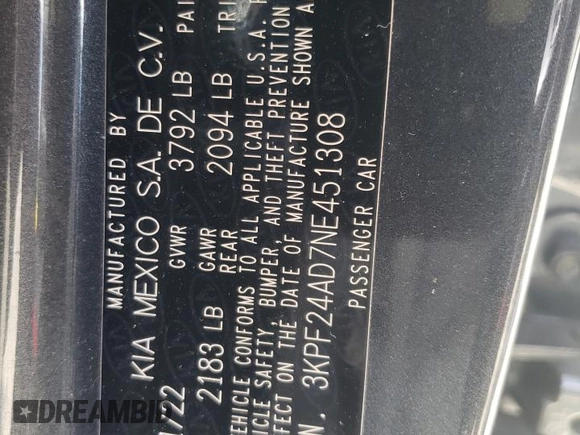 2022 Kia Forte LXS with VIN 3KPF24AD7NE451308, listed as a Copart auction lot 66856474 with 39,292 mi miles and Salvage Title. Bid and sale history available at carsss.com. Image 14.