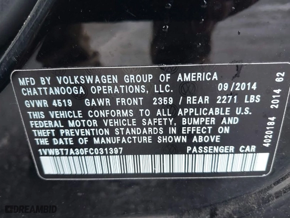 2015 Volkswagen Passat 1.8T SE w/Sunroof & Nav with VIN 1VWBT7A30FC031397, listed as a IAAI auction lot 41466798 with 70,714 mi miles. Bid and sale history available at carsss.com. Image 9.