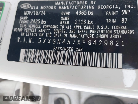 2015 Kia Optima EX with VIN 5XXGN4A7XFG429821, listed as a IAAI auction lot 41707204 with 134,383 mi miles. Bid and sale history available at carsss.com. Image 9.