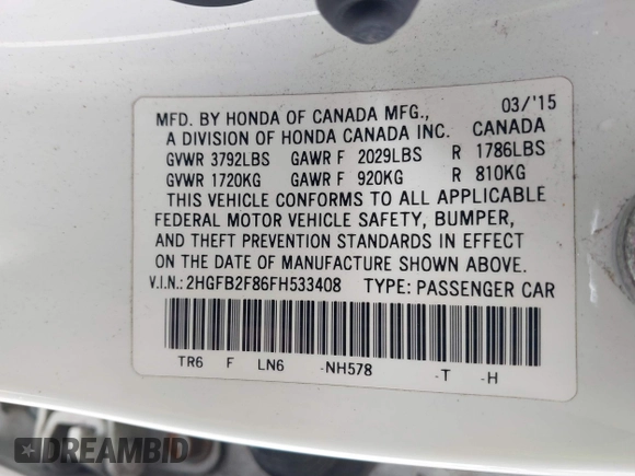 2015 Honda Civic EX with VIN 2HGFB2F86FH533408, listed as a IAAI auction lot 41655178 with 150,789 mi miles and . Bid and sale history available at carsss.com. Image 9.