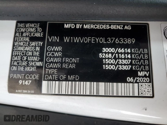 2020 Mercedes-Benz Metris with VIN W1WV0FEY0L3763389, listed as a Copart auction lot 48568995 with 245,294 mi miles and Clean Title. Bid and sale history available at DreamBid. Image 13.