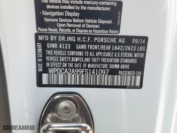2015 Porsche 911 Carrera with VIN WP0CA2A99FS141097, listed as a Copart auction lot 76830264 with 22628 miles and Salvage Title. Bid and sale history available at carsss.com. Image 13.