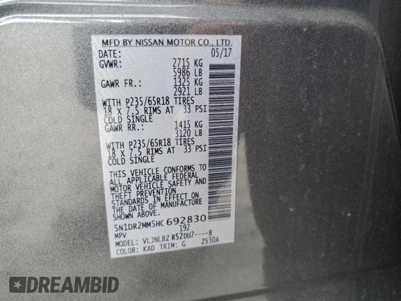 2017 Nissan Pathfinder SV с VIN 5N1DR2MM5HC692830, выставлен на аукционе Copart как лот 61478545 с пробегом 95 162 миль миль и Списание • Salvage title. История ставок и продаж доступна на DreamBid. Изображение 14.
