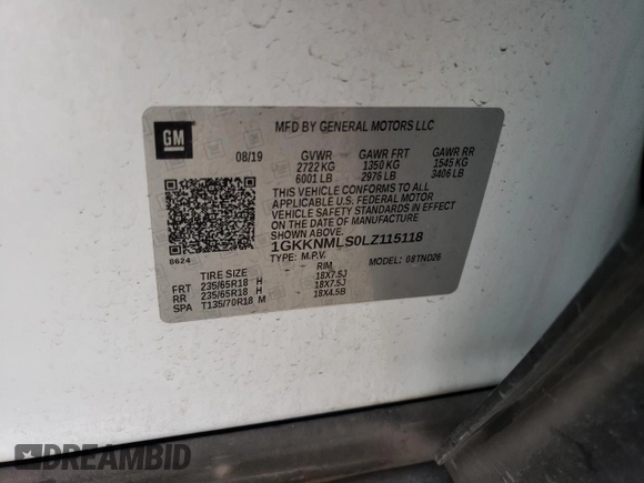 2020 GMC Acadia SLT with VIN 1GKKNMLS0LZ115118, listed as a Copart auction lot 54934985 with 67,243 mi miles and Salvage title. Bid and sale history available at DreamBid. Image 13.