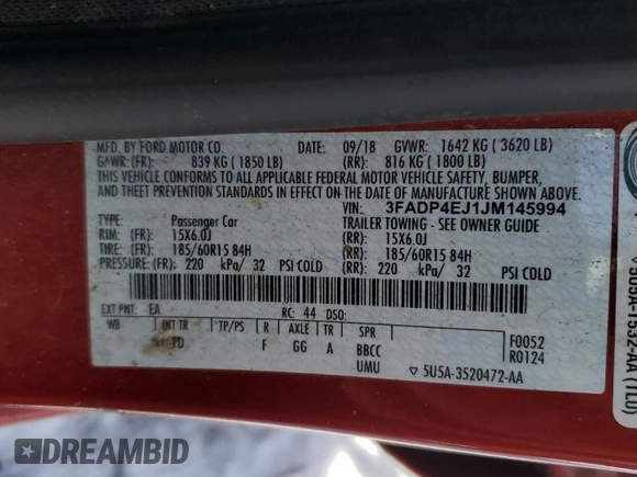 2018 Ford Fiesta SE with VIN 3FADP4EJ1JM145994, listed as a Copart auction lot 44342695 with 79,652 mi miles and Salvage Title. Bid and sale history available at DreamBid. Image 12.