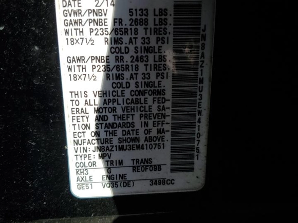 2014 Nissan Murano SL with VIN JN8AZ1MU3EW410751, listed as a Copart auction lot 89142495 with 174,344 mi miles and Salvage Title. Bid and sale history available at carsss.com. Image 13.