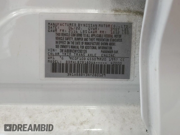 2022 Nissan Sentra S z VIN 3N1AB8BV3NY280129, wystawiony jako Copart lot #53990265 z przebiegiem 32 210 mil mil oraz Szkoda całkowita • Salvage title. Historia ofert i sprzedaży dostępna na DreamBid. Obrazek 12.