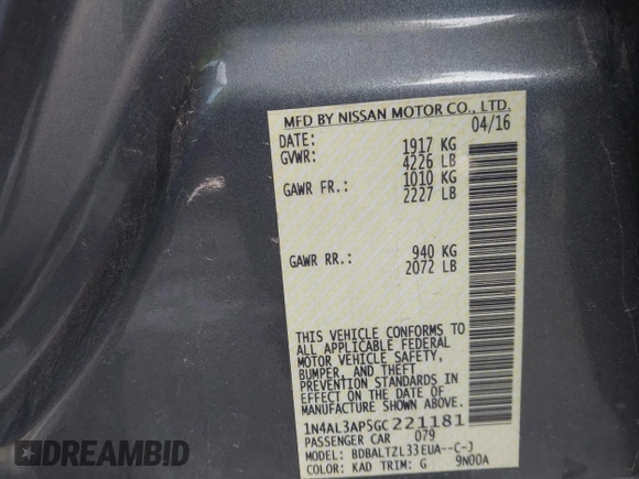 2016 Nissan Altima S z VIN 1N4AL3AP5GC221181, wystawiony jako IAAI lot #41341404 z przebiegiem 177 674 mil mil oraz . Historia ofert i sprzedaży dostępna na DreamBid. Obrazek 8.