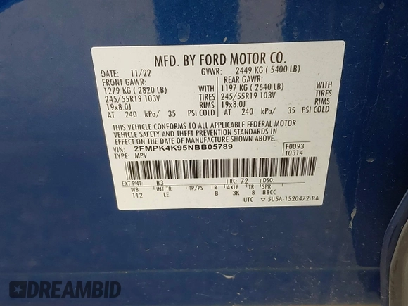 2022 Ford Edge Titanium with VIN 2FMPK4K95NBB05789, listed as a IAAI auction lot 42582372 with 58,379 mi miles and . Bid and sale history available at DreamBid. Image 9.