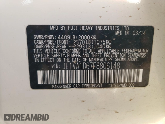 2015 Subaru WRX Premium with VIN JF1VA1D67F8806148, listed as a Copart auction lot 47891145 with 85,555 mi miles and Salvage Title. Bid and sale history available at carsss.com. Image 12.