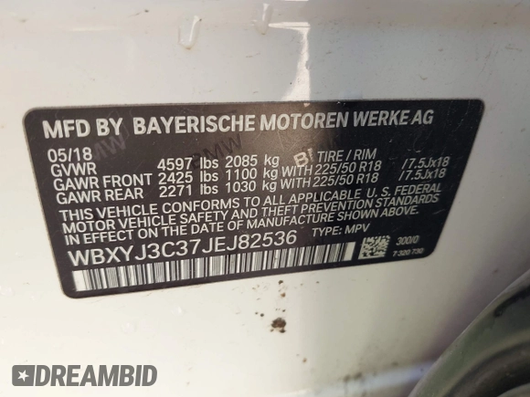2018 BMW X2 sDrive28i z VIN WBXYJ3C37JEJ82536, wystawiony jako IAAI lot #42007039 z przebiegiem 76 626 mil mil oraz . Historia ofert i sprzedaży dostępna na DreamBid. Obrazek 9.