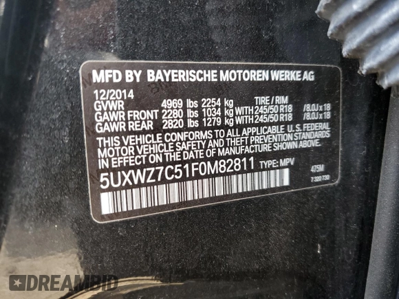 2015 BMW X3 sDrive28i with VIN 5UXWZ7C51F0M82811, listed as a Copart auction lot 49705265 with 65,816 mi miles and Salvage Title. Bid and sale history available at DreamBid. Image 13.