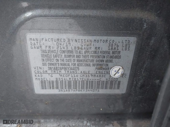 2019 Nissan Sentra S with VIN 3N1AB7AP8KY344075, listed as a IAAI auction lot 40770375 with NaN miles. Bid and sale history available at carsss.com. Image 9.
