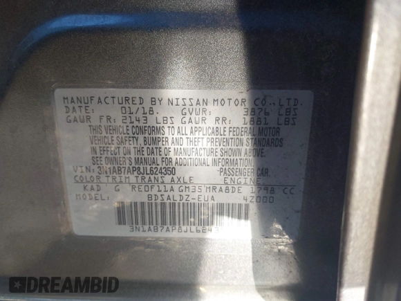 2018 Nissan Sentra SV with VIN 3N1AB7AP8JL624350, listed as a IAAI auction lot 41348918 with 79,317 mi miles and . Bid and sale history available at DreamBid. Image 9.