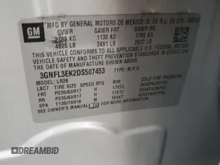 2013 Chevrolet Captiva Sport LT with VIN 3GNFL3EK2DS507453, listed as a Copart auction lot 83988774 with 133,901 mi miles and Salvage Title. Bid and sale history available at DreamBid. Image 16.