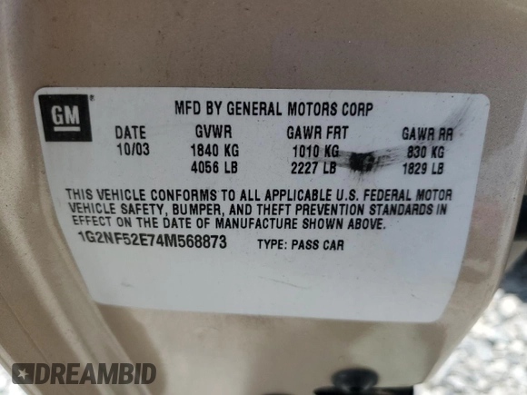 2004 Pontiac Grand Am SE1 with VIN 1G2NF52E74M568873, listed as a Copart auction lot 56187005 with 107,037 mi miles and Salvage title. Bid and sale history available at DreamBid. Image 12.