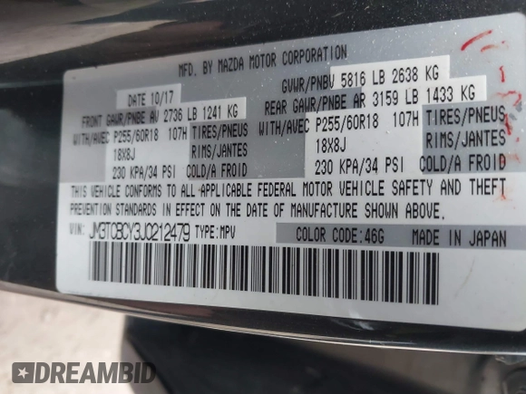 2018 Mazda CX-9 Touring with VIN JM3TCBCY3J0212479, listed as a IAAI auction lot 41737024 with 128,552 mi miles and . Bid and sale history available at DreamBid. Image 9.