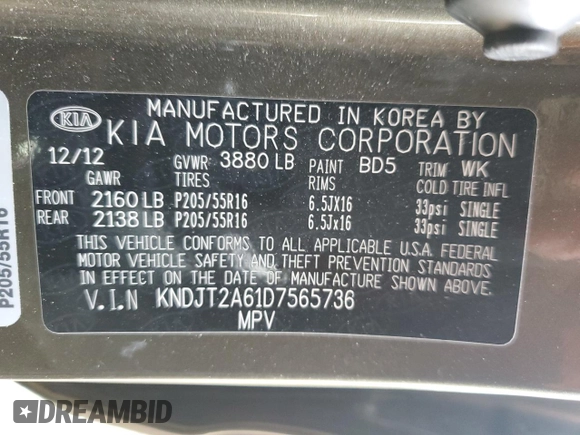 2013 Kia Soul + with VIN KNDJT2A61D7565736, listed as a Copart auction lot 49476795 with 134,706 mi miles and Salvage Title. Bid and sale history available at carsss.com. Image 14.