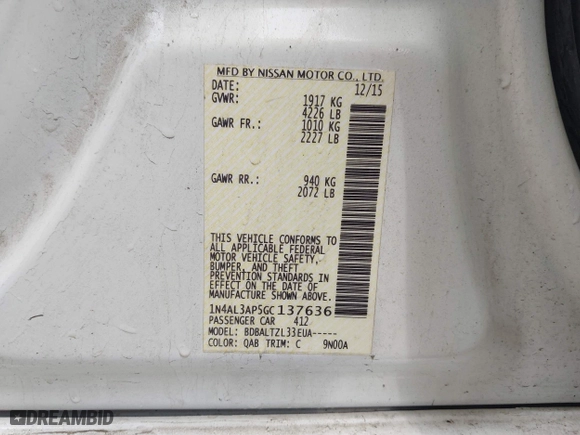 2016 Nissan Altima 2.5 SL with VIN 1N4AL3AP5GC137636, listed as a IAAI auction lot 42026036 with 149,231 mi miles. Bid and sale history available at carsss.com. Image 9.
