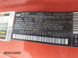 2006 MINI Convertible with VIN WMWRF33546TF65857, listed as a IAAI auction lot 41814032 with 91,736 mi miles and . Bid and sale history available at DreamBid. Image 9.