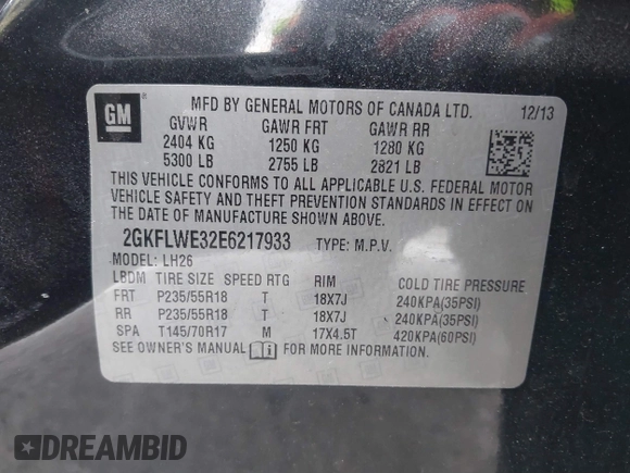 2014 GMC Terrain SLE with VIN 2GKFLWE32E6217933, listed as a IAAI auction lot 41405519 with 131,057 mi miles and . Bid and sale history available at DreamBid. Image 9.