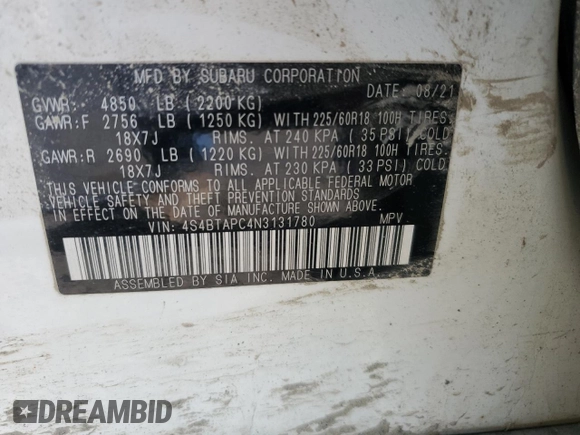2022 Subaru Outback Touring with VIN 4S4BTAPC4N3131780, listed as a Copart auction lot 62855265 with 31,688 mi miles and Salvage title. Bid and sale history available at DreamBid. Image 12.