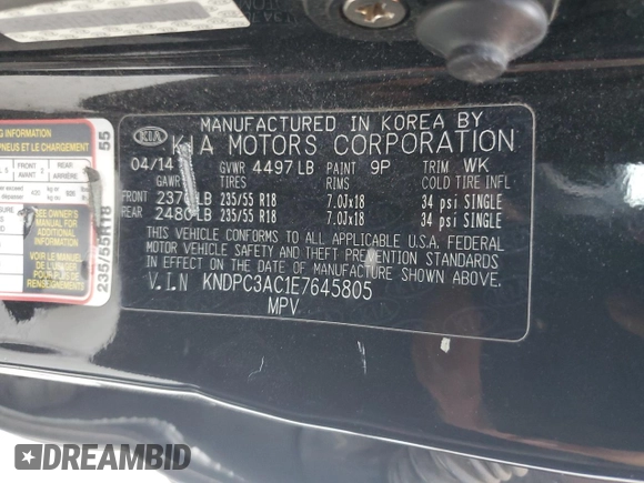 2014 Kia Sportage EX with VIN KNDPC3AC1E7645805, listed as a Copart auction lot 53456845 with Not provided miles and Salvage title. Bid and sale history available at DreamBid. Image 13.