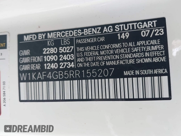 2024 Mercedes-Benz C 300 with VIN W1KAF4GB5RR155207, listed as a IAAI auction lot 41169439 with Not Provided miles and . Bid and sale history available at DreamBid. Image 9.