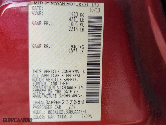 2014 Nissan Altima 2.5 S with VIN 1N4AL3AP9EN237689, listed as a Copart auction lot 88915065 with 220,603 mi miles and Salvage Title. Bid and sale history available at carsss.com. Image 13.