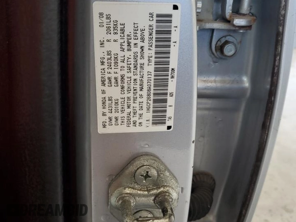 2008 Honda Accord EX-L z VIN 1HGCP26808A070137, wystawiony jako Copart lot #60093495 z przebiegiem 119 417 mil mil oraz Szkoda całkowita • Salvage title. Historia ofert i sprzedaży dostępna na DreamBid. Obrazek 12.