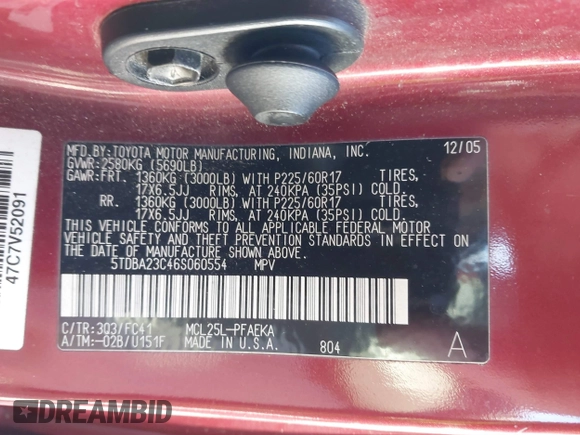2006 Toyota Sienna LE with VIN 5TDBA23C46S060554, listed as a IAAI auction lot 41791667 with 286,359 mi miles. Bid and sale history available at carsss.com. Image 9.