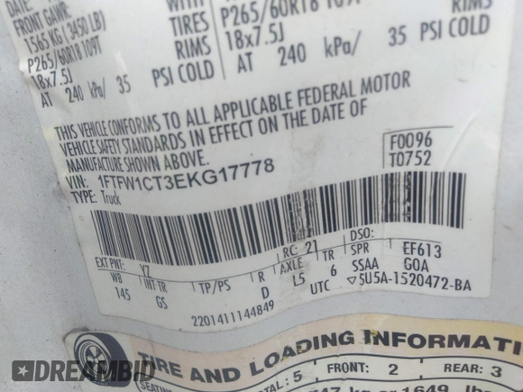 2014 Ford F-150 XL with VIN 1FTFW1CT3EKG17778, listed as a IAAI auction lot 41362619 with 122,963 mi miles. Bid and sale history available at carsss.com. Image 9.