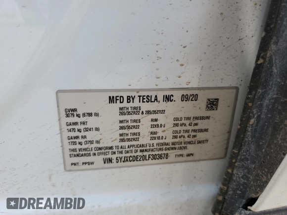 2020 Tesla Model X Long Range with VIN 5YJXCDE20LF303678, listed as a Copart auction lot 53026705 with Not Provided miles and Salvage Title. Bid and sale history available at carsss.com. Image 12.