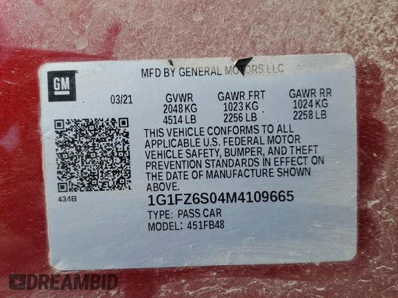 2021 Chevrolet Bolt EV Premier с VIN 1G1FZ6S04M4109665, выставлен на аукционе Copart как лот 55097325 с пробегом 60 445 миль миль и Списание • Salvage title. История ставок и продаж доступна на DreamBid. Изображение 13.