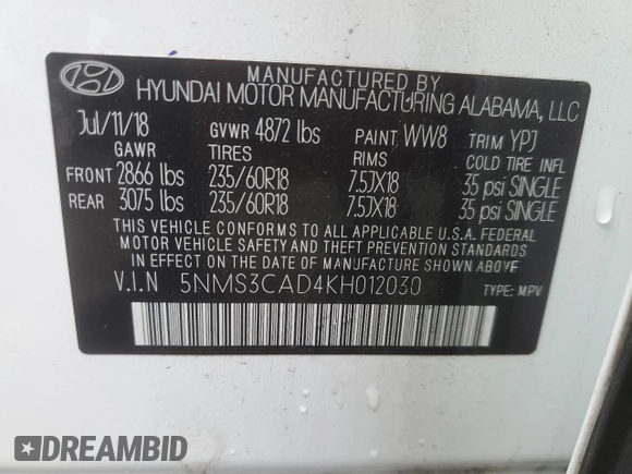2019 Hyundai Santa Fe SEL z VIN 5NMS3CAD4KH012030, wystawiony jako Copart lot #42599535 z przebiegiem 59 824 mil mil oraz Szkoda całkowita • Salvage title. Historia ofert i sprzedaży dostępna na DreamBid. Obrazek 13.