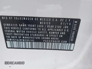 2015 Volkswagen Jetta S with VIN 3VW1K7AJ8FM289162, listed as a IAAI auction lot 41251186 with 82,942 mi miles and . Bid and sale history available at DreamBid. Image 9.