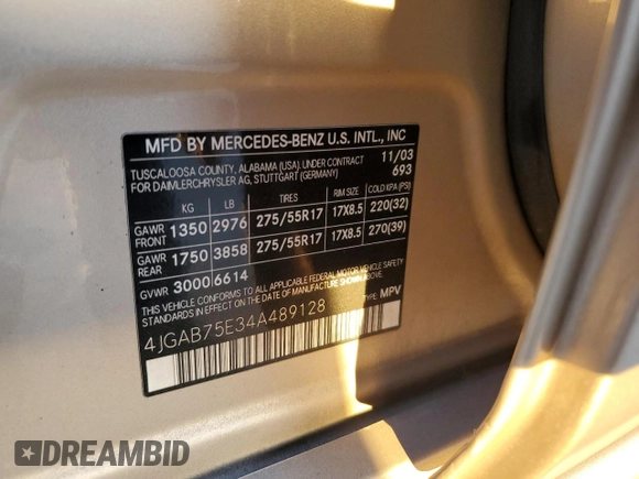 2004 Mercedes-Benz M-Class with VIN 4JGAB75E34A489128, listed as a Copart auction lot 84498404 with 122,094 mi miles and Salvage Title. Bid and sale history available at carsss.com. Image 13.