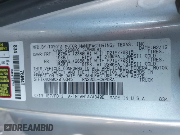 2012 Toyota Tacoma with VIN 5TFTX4CN9CX016345, listed as a IAAI auction lot 41447154 with 136,837 mi miles and . Bid and sale history available at DreamBid. Image 9.