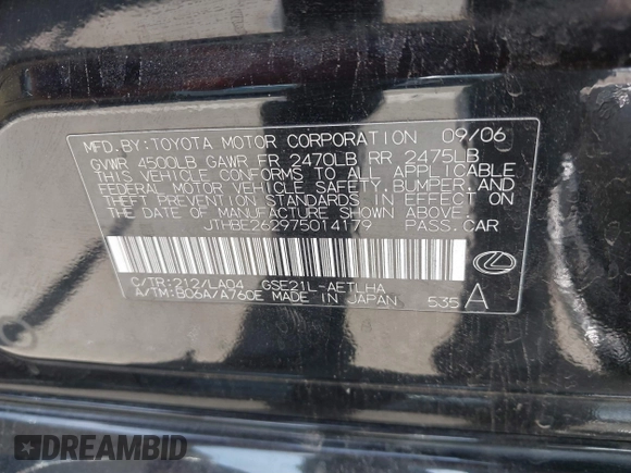 2007 Lexus IS 350 with VIN JTHBE262975014179, listed as a IAAI auction lot 42504426 with 170,776 mi miles and . Bid and sale history available at DreamBid. Image 9.