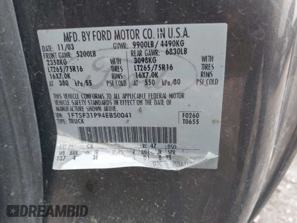2004 Ford F-350 with VIN 1FTSF31P94EB50041, listed as a IAAI auction lot 40852909 with 152,569 mi miles and . Bid and sale history available at DreamBid. Image 9.