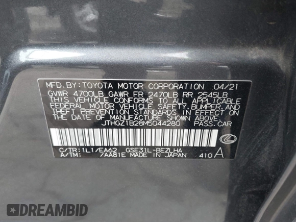 2021 Lexus IS 350 F Sport with VIN JTHGZ1B28M5044280, listed as a IAAI auction lot 42202029 with 49,048 mi miles and . Bid and sale history available at DreamBid. Image 9.
