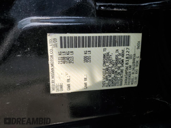 2010 Nissan Maxima SV with VIN 1N4AA5AP3AC818127, listed as a Copart auction lot 58318415 with Not provided miles and Clean title. Bid and sale history available at DreamBid. Image 12.