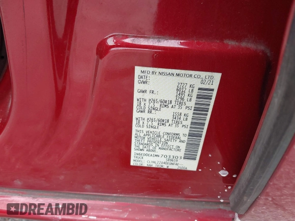 2021 Nissan Frontier SV with VIN 1N6ED0EA1MN703303, listed as a IAAI auction lot 42340418 with 58,220 mi miles and . Bid and sale history available at DreamBid. Image 9.