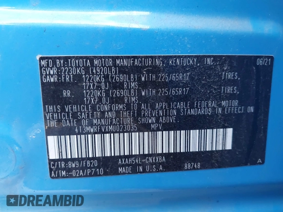 2021 Toyota RAV4 Hybrid LE with VIN 4T3MWRFVXMU023035, listed as a IAAI auction lot 41514191 with 30,669 mi miles. Bid and sale history available at carsss.com. Image 9.