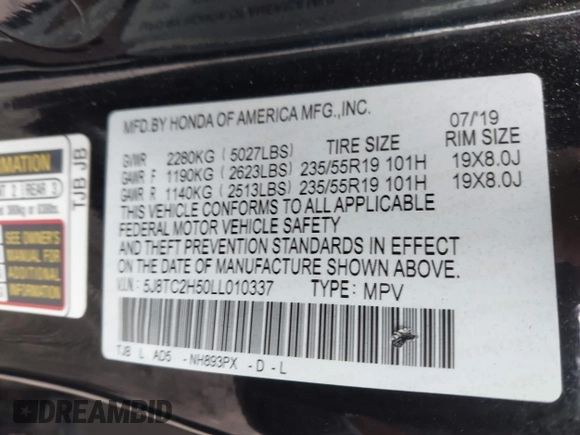 2020 Acura RDX Technology with VIN 5J8TC2H50LL010337, listed as a IAAI auction lot 42291855 with 82,876 mi miles and . Bid and sale history available at DreamBid. Image 9.