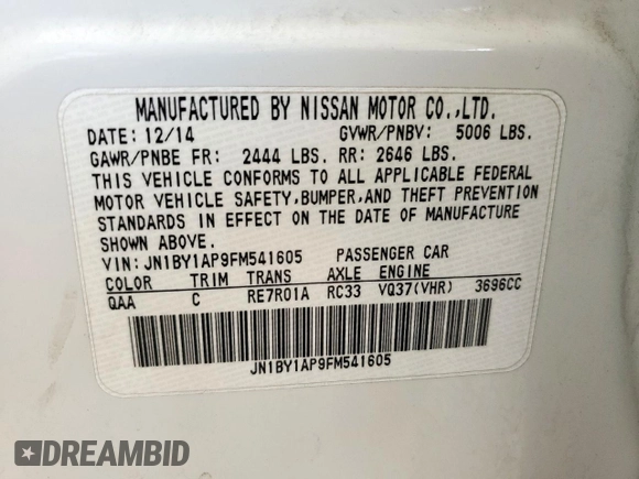 2015 Infiniti Q70 z VIN JN1BY1AP9FM541605, wystawiony jako Copart lot #59394525 z przebiegiem 164 327 mil mil oraz Szkoda całkowita • Salvage title. Historia ofert i sprzedaży dostępna na DreamBid. Obrazek 12.